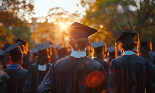College graduates in cap and gowns walking towards the sunshine.