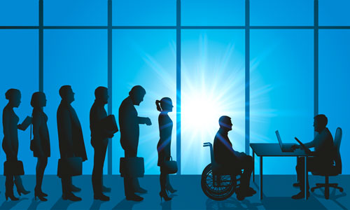 A silhouetted line of people of all genders and abilities standing in front of  a big window with the sun shining waiting to see a person sitting at a desk.